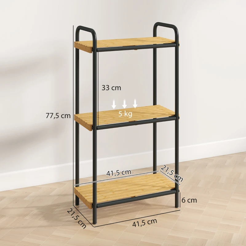 HOMCOM Estante de Casa de Banho de Bambu de 3 Níveis Estante de Armazenamento com 3 Prateleiras Ripas e Estrutura de Aço 41,5x21,5x77,5 cm Madeira e Preto
