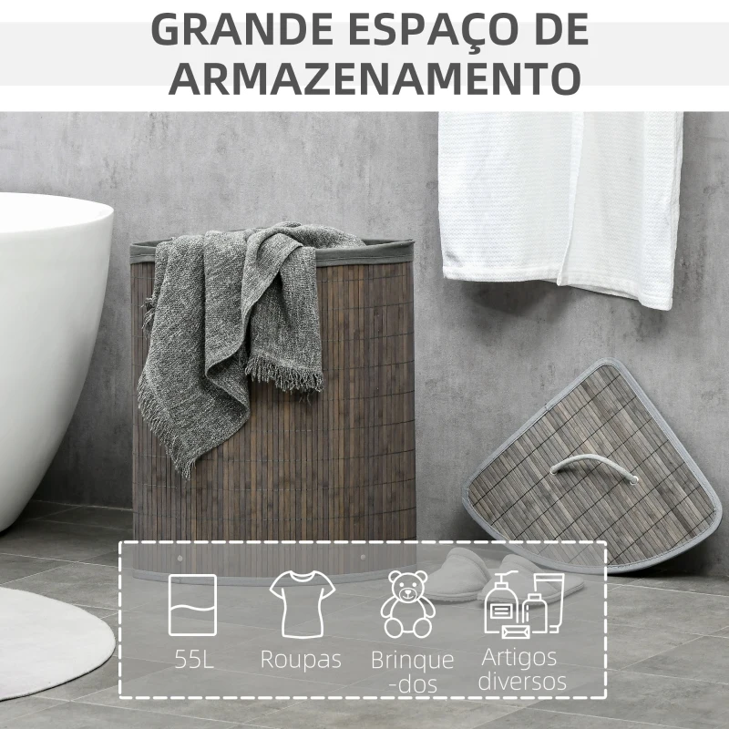 HOMCOM Cesto de Roupa de Bambu Capacidade de 55L Cesto para Roupa Suja com Tampa e Bolsa Amovível 38x38x57 cm Cinza