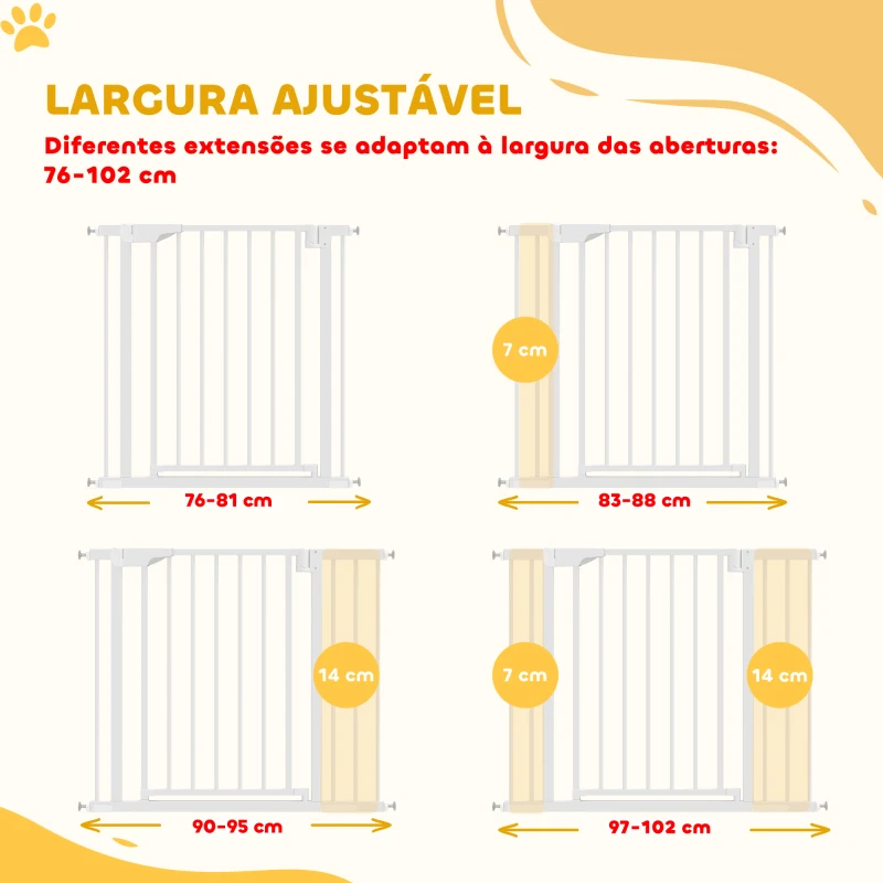 PawHut Barreira de Segurança para Crianças e Cães Largura 76-103 cm Bloqueio Duplo Fecho Automático Abertura em Dois Sentidos e Extensões de 7/14 cm Branco