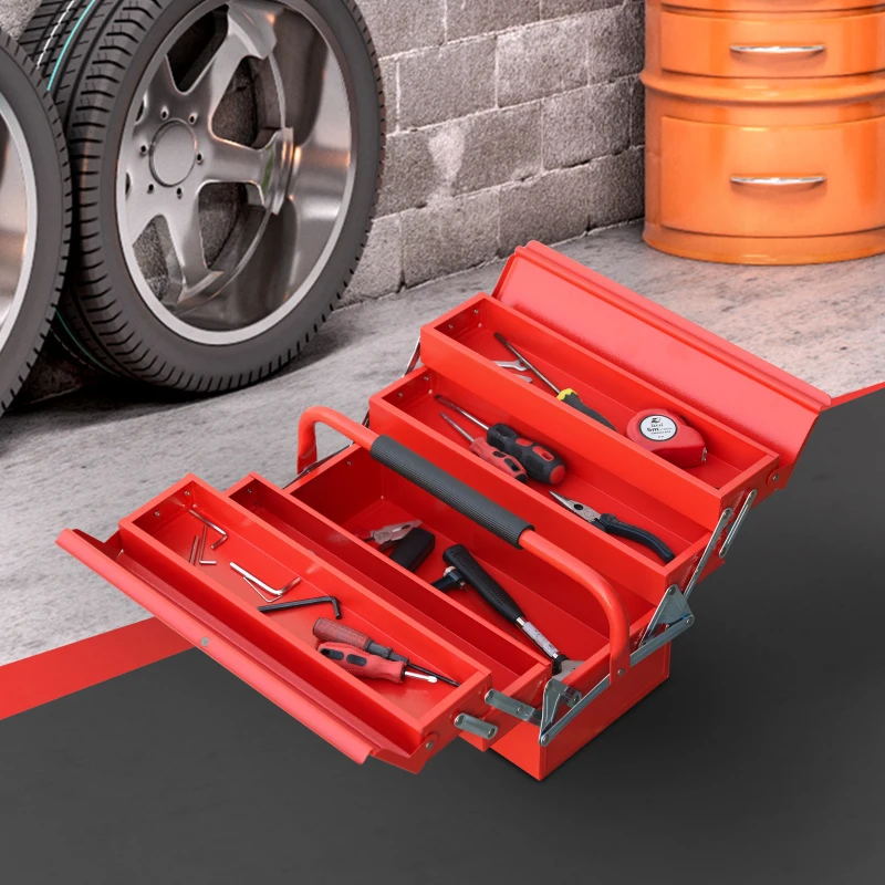 DURHAND Boite à outils métallique - coffret à outils - caisse à outils 3 niveaux 5 plateaux rétractables - tôle acier rouge