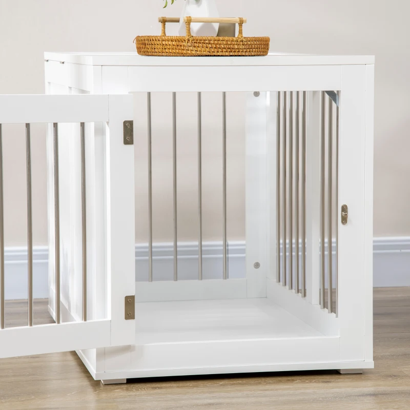 PawHut Casetta per Cani Taglia Media con 2 Porte Bloccabili, Gabbia in Acciaio e MDF, 80x50x56.5 cm, Bianco