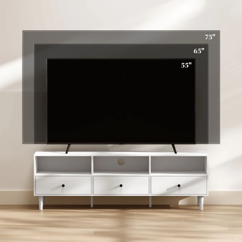 HOMCOM TV-Kommode, TV-standaard voor 190,5 cm schermen, 3 open vakken, 3 laden, spaanplaat, wit