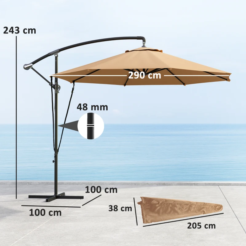 Outsunny Chapéu de Sol Excêntrico Ø 290 cm Chapéu de Sol de Jardim com Base Cruzada Capa de Proteção e Corda de Vento Cáqui
