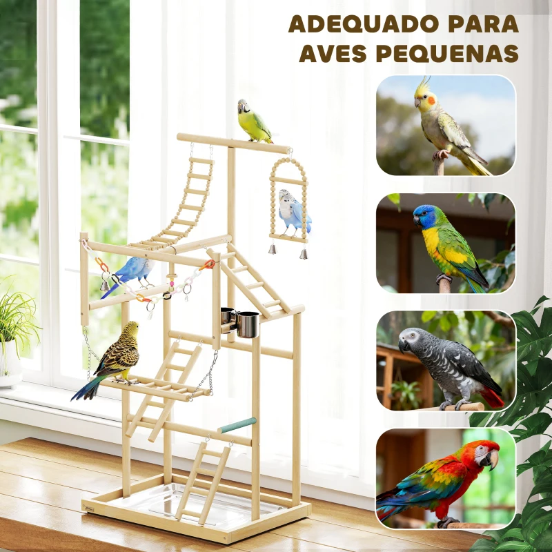 PawHut Parque de Jogos para Pássaros Suporte de Madeira para Pássaros com Escadas Baloiço Brinquedo 48x38x95 cm Madeira