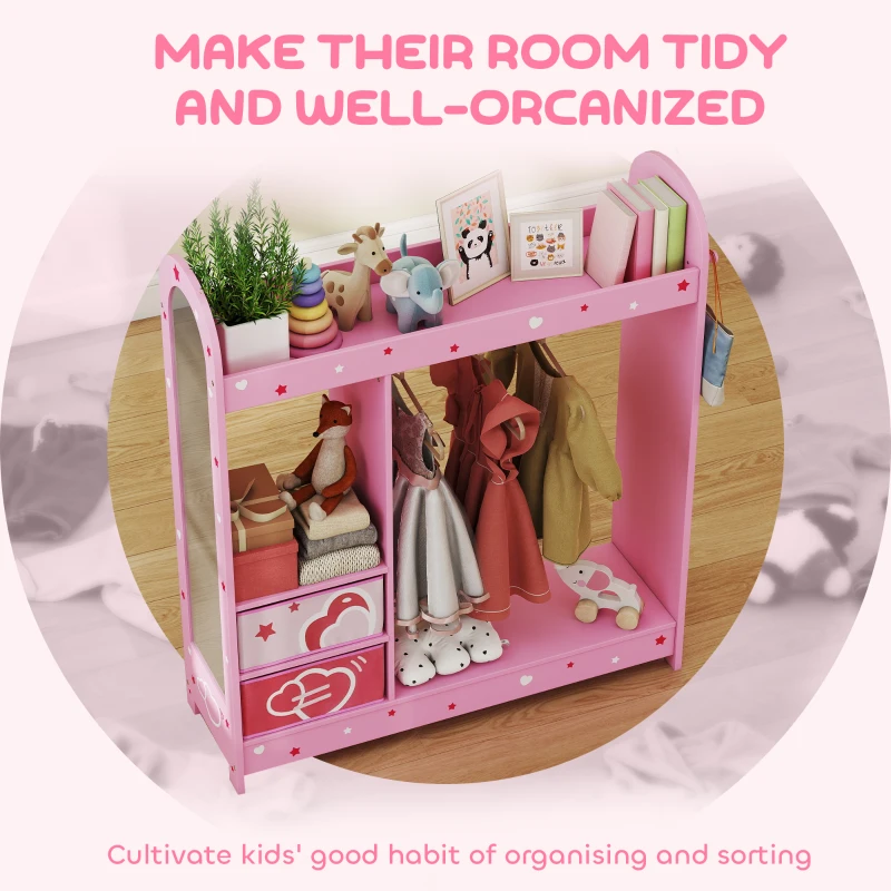 AIYAPLAY Kids Clothes Rail, Kids Wardrobe with Mirror, Shelves, Fabric Storage and Hooks for Bedroom, Nursery, Pink