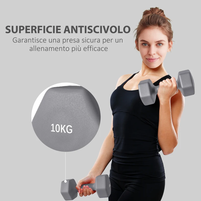 SPORTNOW Set 2 Manubri Esagonali da 2x10 kg in Metallo e Plastica con Impugnatura Antiscivolo, 26x12x12 cm, Grigio