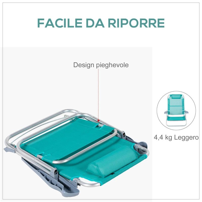 Outsunny Set 2 Sedie da Campeggio Pieghevoli e Reclinabili su 6 Livelli, in Alluminio e Schiuma, 62x65x80 cm, Grigio a Azzurro