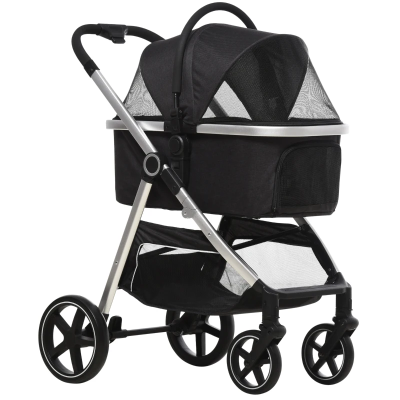PawHut 2-IN-1 Hondenbuggy Huisdierbuggy, inclusief kussen, opvouwbaar, 1 opbergmand, 83 cm x 58 cm x 102 cm, Zwart