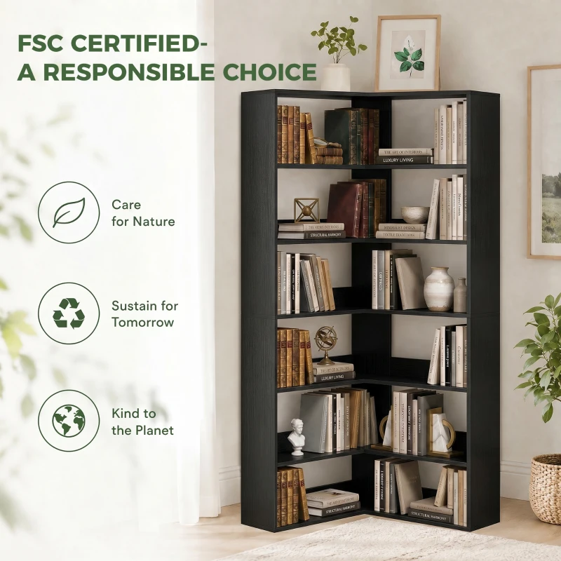HOMCOM 7 Tiers Bookshelf, L-Shaped Corner Bookcase with Anti-Slip Rear Guard, Black Wood Effect