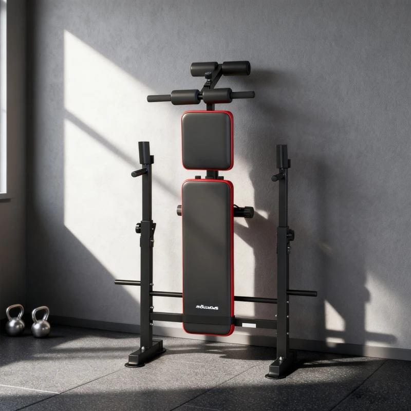 SPORTNOW Banco de Musculação Multifuncional com Suporte para Barra Ajustável e Encosto Regulável para Casa ou Ginásio