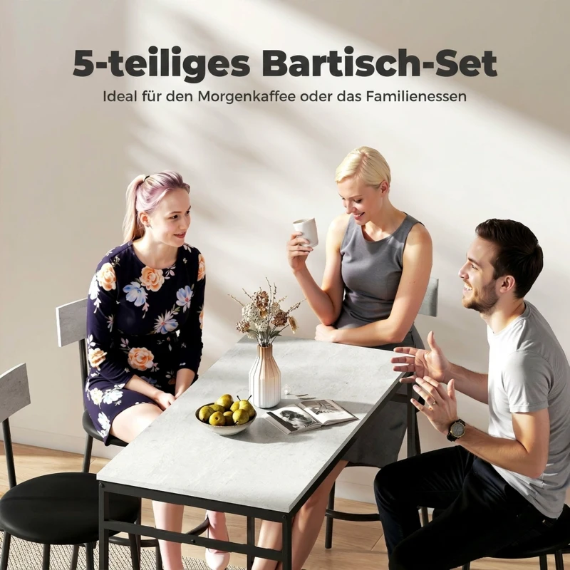 HOMCOM 5-teiliges Bartisch-Set mit 4 Stühlen, Industrielles Design, für Küche, Esszimmer, Stahl, Hellgrau