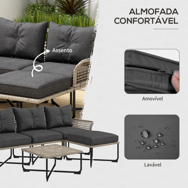 Outsunny Conjunto de Jardim em Vime Sintético Conjunto de Móveis de Exterior com Sofá de 4 Módulos 1 Mesa de Centro e Almofadas Cinza