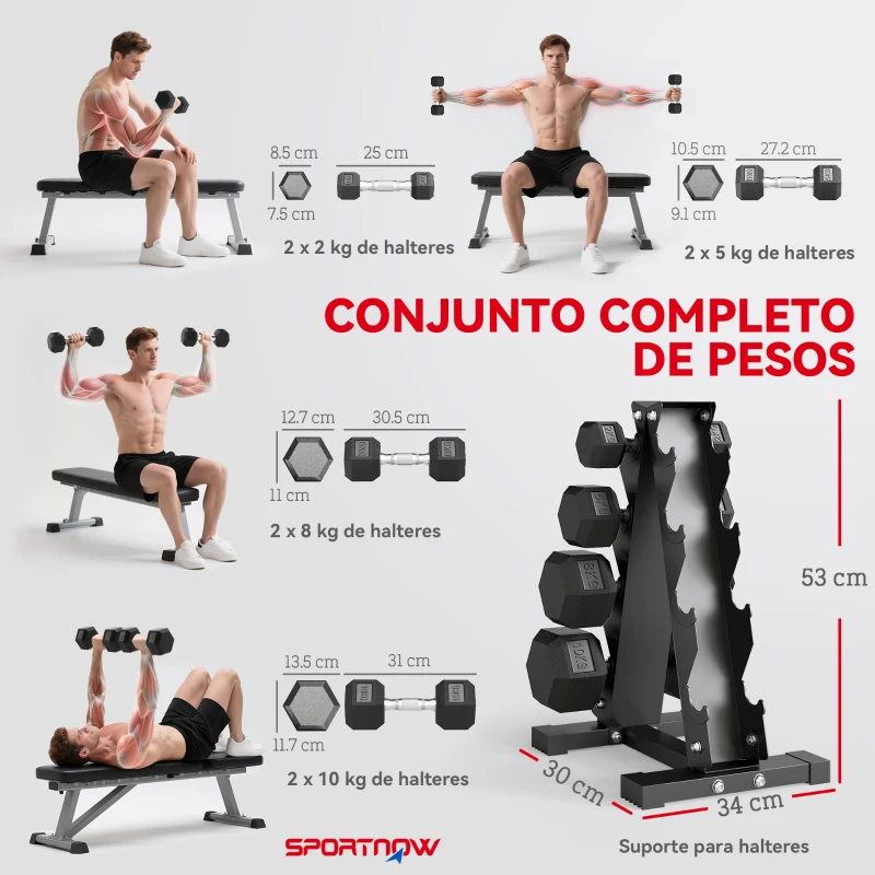 SPORTNOW Conjunto de Halteres 2x2kg 2x5kg 2x8kg 2x10kg com Suporte de Armazenamento para Exercício Treino Preto