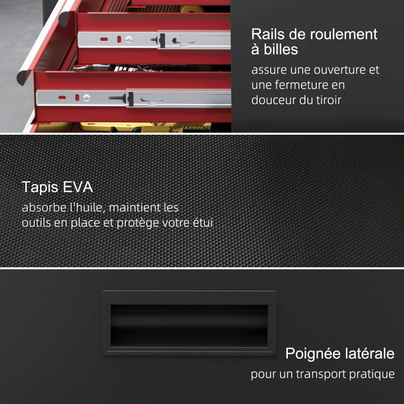HOMCOM Armoire à outils verrouillable sur roulettes avec 5 tiroirs et armoire, sur roulettes pour l'atelier et la maison, rouge