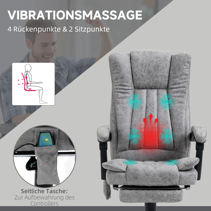 HOMCOM Ergonomische bureaustoel comfortabele grote massage met verwarmingsfunctie ligfunctie voetensteun thuis grijs