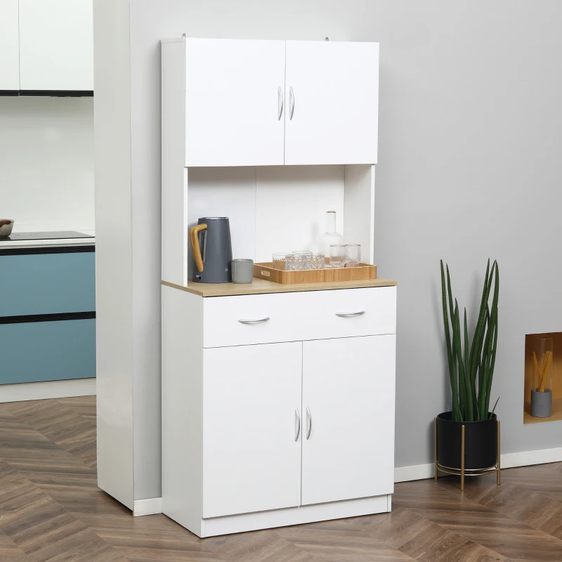HOMCOM Buffet haut cuisine, armoire de cuisine, 4 portes, tiroir, plan de travail et étagères réglables, 80x40x180cm, blanc(m-2)