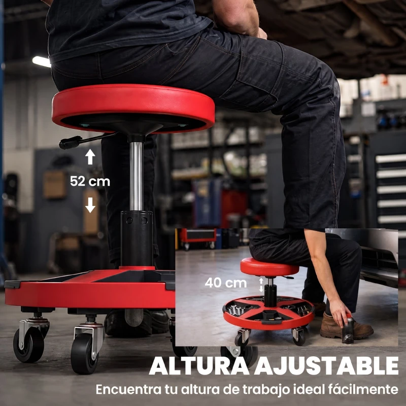 HOMCOM Taburete de Taller Móvil con Bandeja Altura Ajustable de 40-52 cm Carga 135 kg con Ruedas para Garaje Rojo