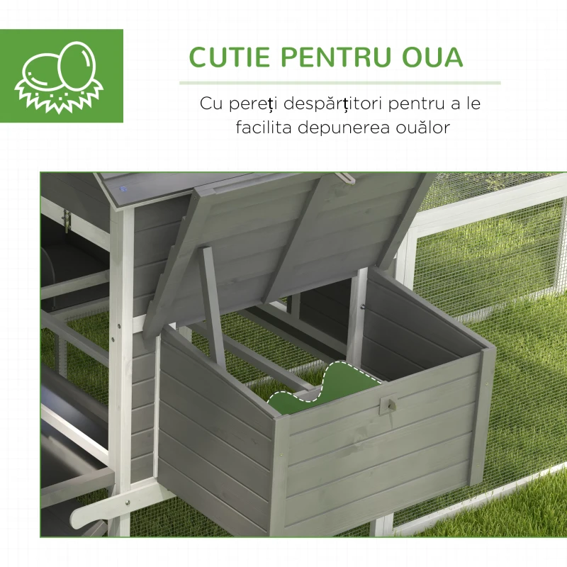 PawHut Coteț de grădină pentru găini, cu căsuță, rampă și zonă deschisă, 310,5x149,5x149 cm, gri(m-6)