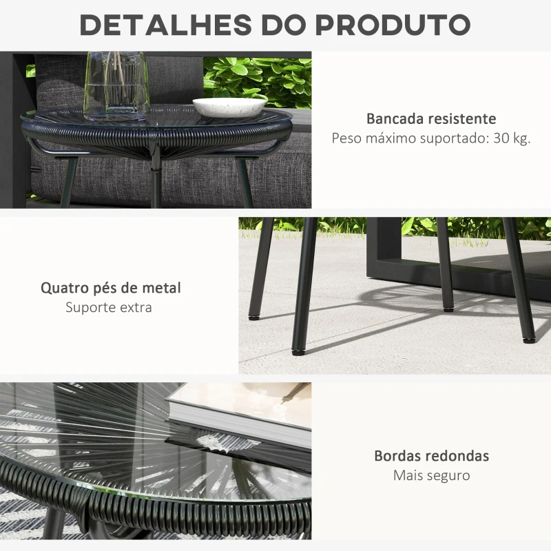 Outsunny Mesa Auxiliar de Vime Sintético para Exteriores com Bancada de Vidro Temperado e Pés de Metal Ø50x50 cm Preto