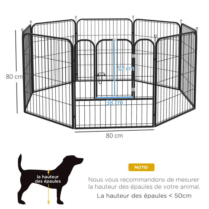 PawHut Luxe parc enclos modulable acier époxy porte verrouillable pour chiens, lapins, rongeurs, petits animaux, intérieur et extérieur 80 x 80 cm noir
