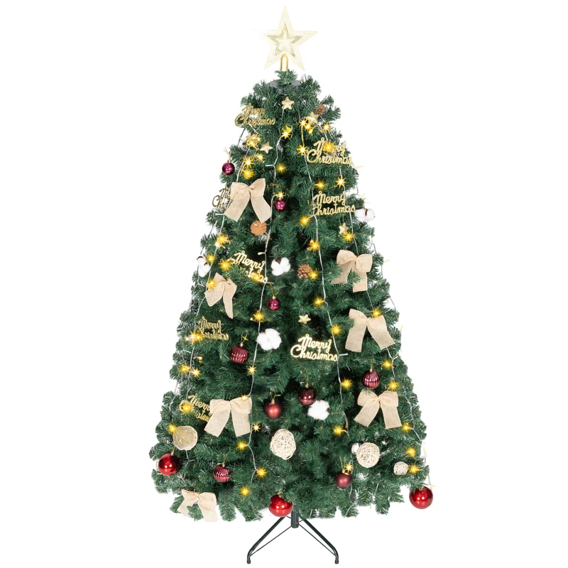 HOMCOM Árvore de Natal de 180 cm com Decorações 200 Luzes LED Branco Quente 8 Modos de Iluminação e 650 Ramos Verde