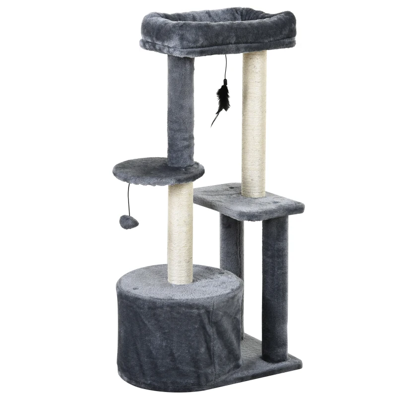 PawHut Albero Tiragraffi per Gatti Adulti su più Livelli, Castello per Gatti con Cuccia, Posatoio e 2 Ripiani, Bianco e Grigio, 48x35x100cm