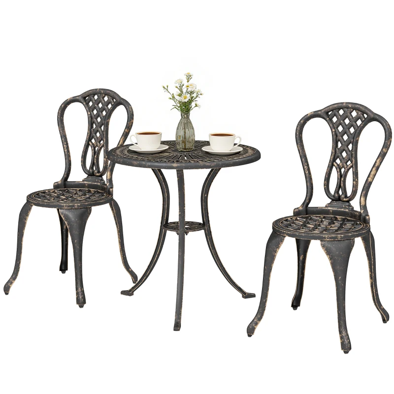 Outsunny 3 Piece Patio Cast Aluminium Bistro Set Garden Outdoor Furniture Table and Chairs Shabby Chic Style, Bronze Tone