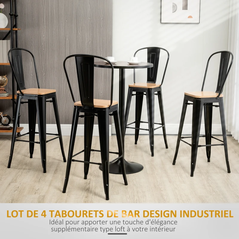 HOMCOM Lot de 4 tabourets de Bar Industriel avec Dossier Repose-Pied Hauteur Assise 76 cm métal noir Panneaux Multicouches Imitation Bois Clair
