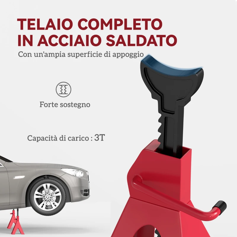 HOMCOM Set 2 Cavalletti Auto da 3 Tonnellate Regolabili da 29-42.5 cm, Acciaio al Carbonio e Ghisa, Rosso