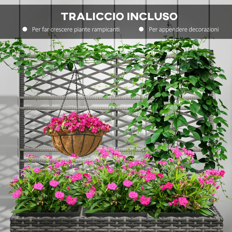 Outsunny Fioriera con Grigliato per Rampicanti con 3 Vasi in Acciaio e Rattan PE, 84x30x107cm, Grigio