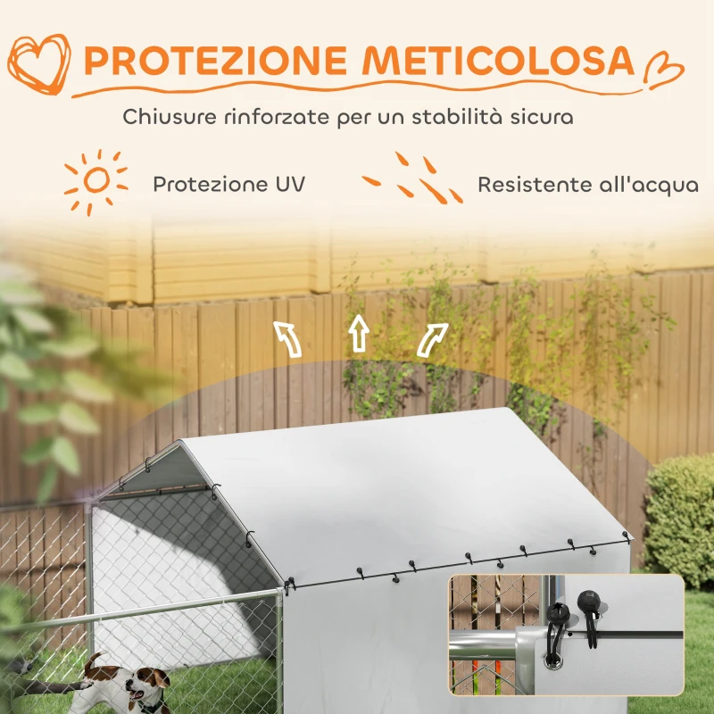 PawHut Recinto per Cani con Coperture e Ciotole Girevoli, in Acciaio e tessuto Oxford, 4x2.3x1.5 m, Argento