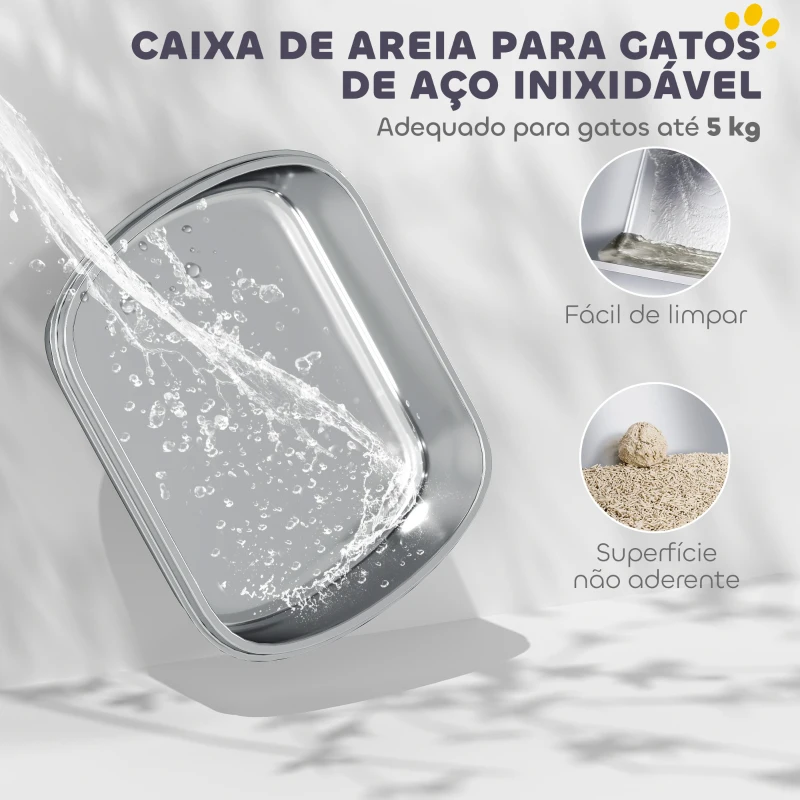 PawHut Caixa de Areia para Gatos em Aço Inoxidável com Tampa Caixa de Areia com Bolsa Desodorizante e Pá 52,4x41,3x39,9 cm Branco