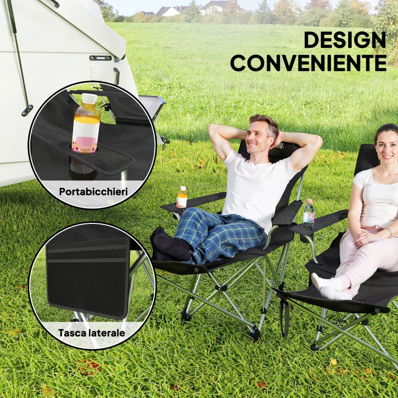 Outsunny Set 2 Sedie da Campeggio Pieghevoli con Poggiapiedi Staccabile e Portabicchieri, 82x50/100x88 cm, Nero