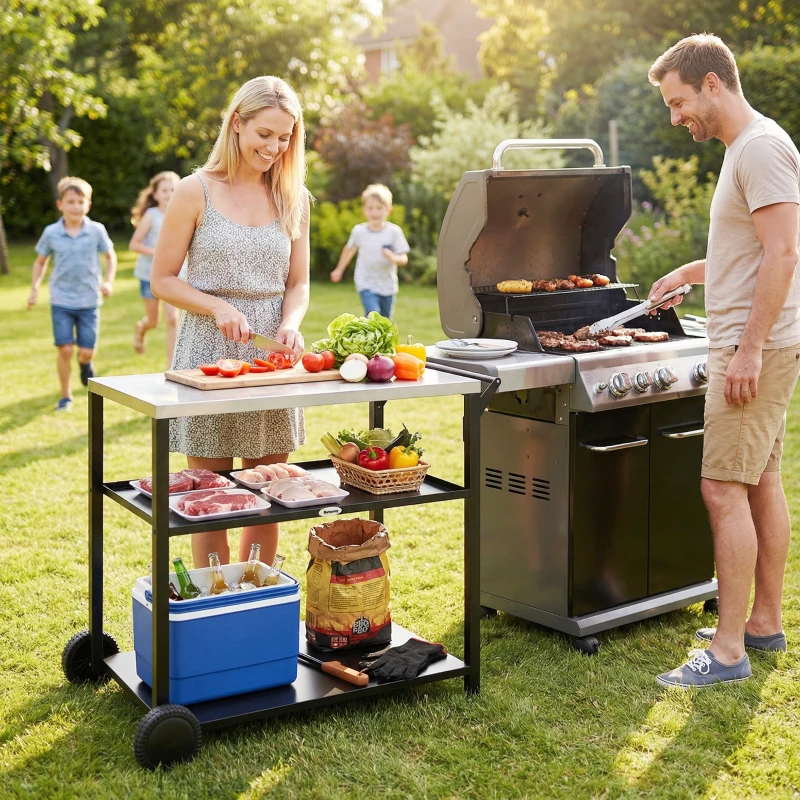 Outsunny Outdoor Grill Cart with Stainless Steel Tabletop for Kitchen Prep, Two-Tier Pizza Oven Stand on Wheels, Black