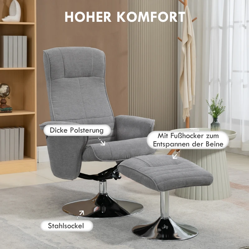 HOMCOM Relaxstoel met Voetenbank, Draaibaar, Kantelbare Rugleuning, Belastbaar tot 150 kg, 69 x 71 x 104 cm, Grijs