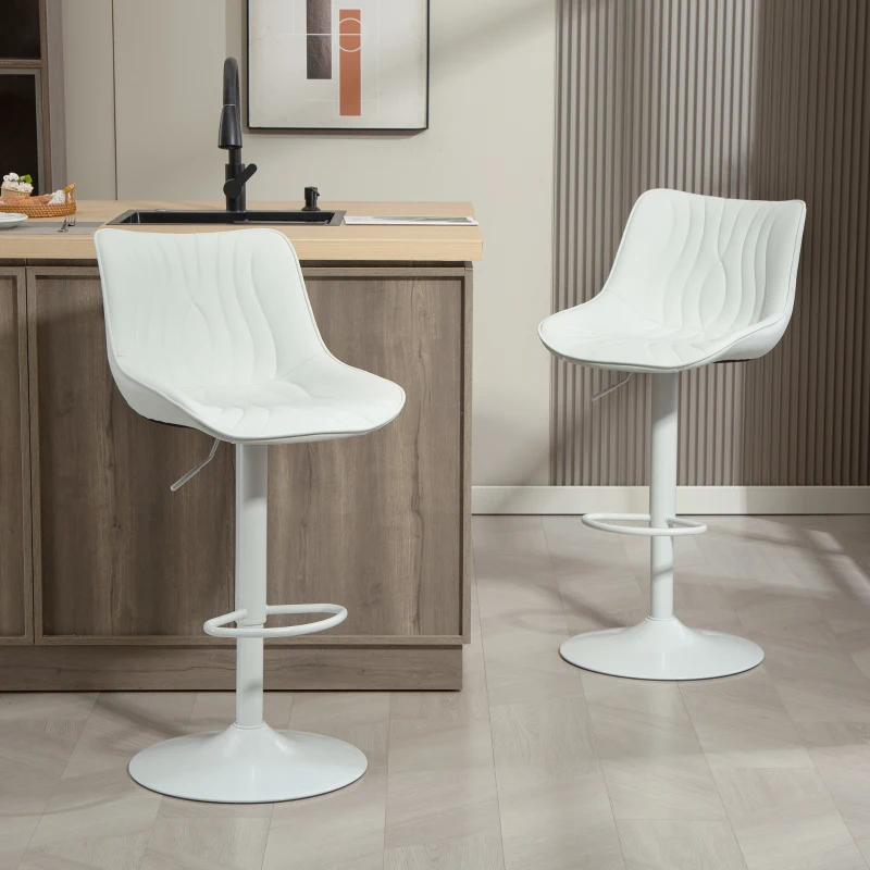 HOMCOM Conjunto de 2 Bancos de Bar Bancos Altos de Cozinha Giratórios com Altura Ajustável e Couro Sintético 47,5x54x92-110 cm Branco