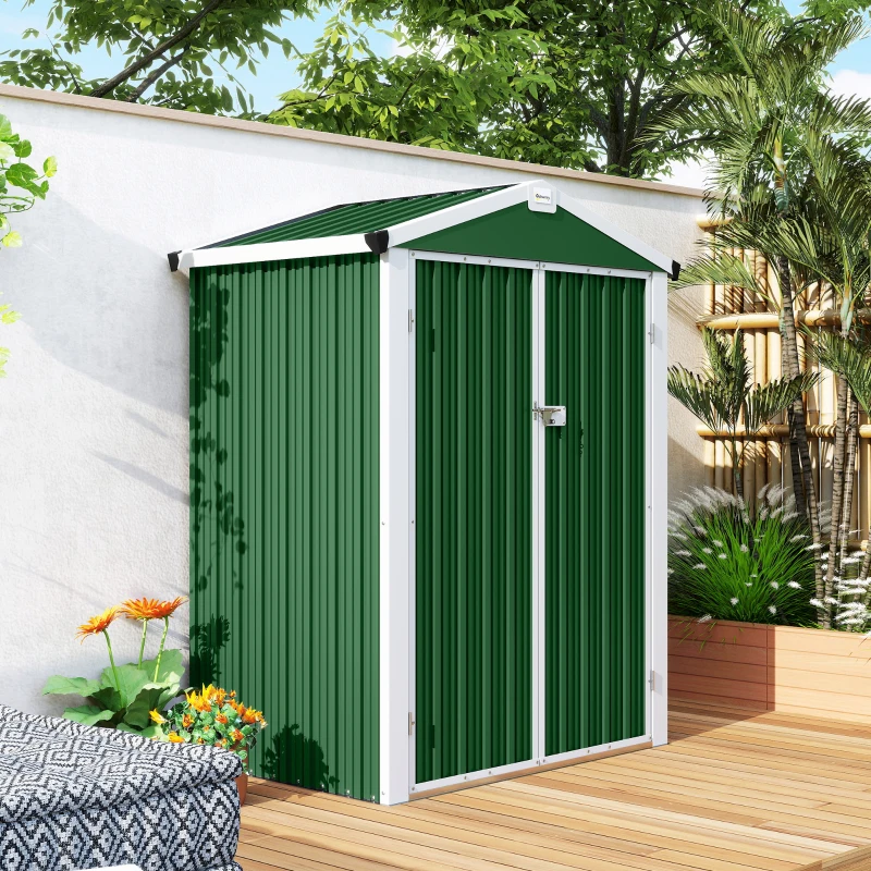 Outsunny Abrigo de Jardim Exterior 1,1 m² 133x87x178 cm com 2 Portas de Abrir, Telhado de Duas Águas e Luvas Verde