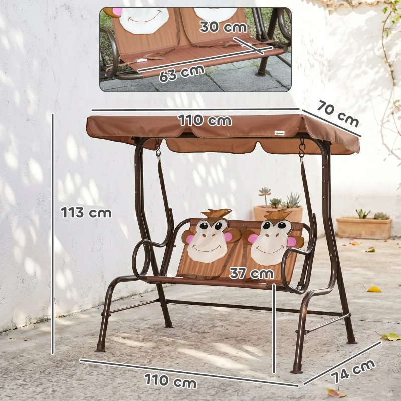 Outsunny 2 Seater Kids Garden Swing Seat, Children Outdoor Patio Lounge Chair for Gardens w/ Adjustable Awning, Seatbelt, Monkey Pattern - Brown
