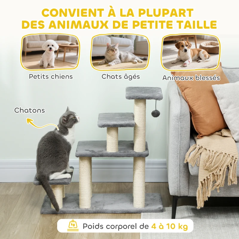 PawHut Escalier pour animaux domestiques réglable 3/4 marches échelle pour chat chien griffoirs sisal 70 x 32 x 68 cm gris