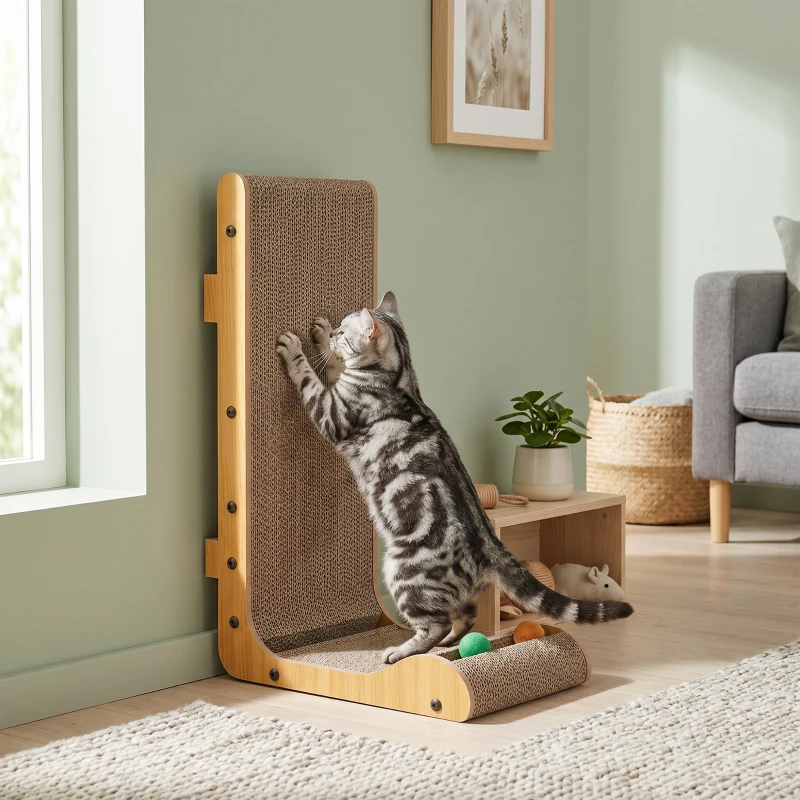 PawHut Cat Scratching Board Wall Mounted Cat Scratcher Corrugated 3 Toy Balls 39 x 23.5 x 57.5 cm Brown