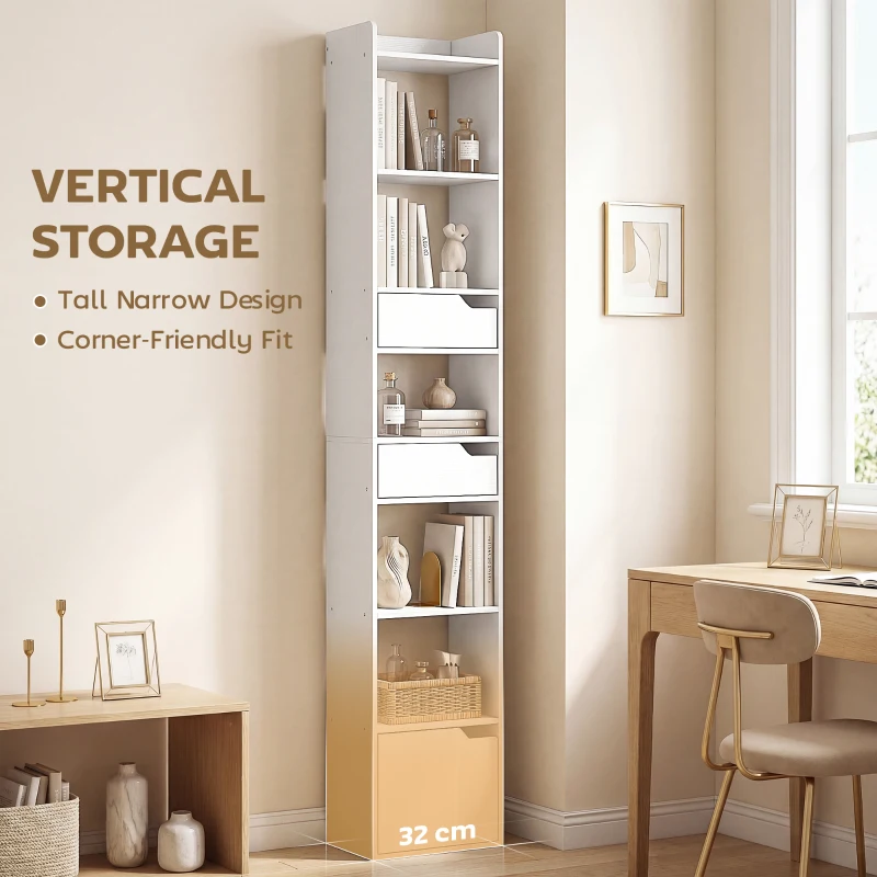 HOMCOM Bookcase Tall Narrow with 5 Tiers and Drawers Freestanding Bookshelf Storage Cabinet for Living Room White Wood Effect