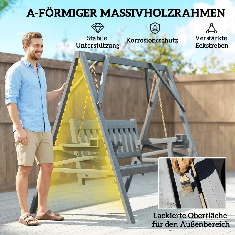 Outsunny 2-persoons tuinschommel, houten schommelbank met planken, bekerhouders en metalen kettingen, grijs
