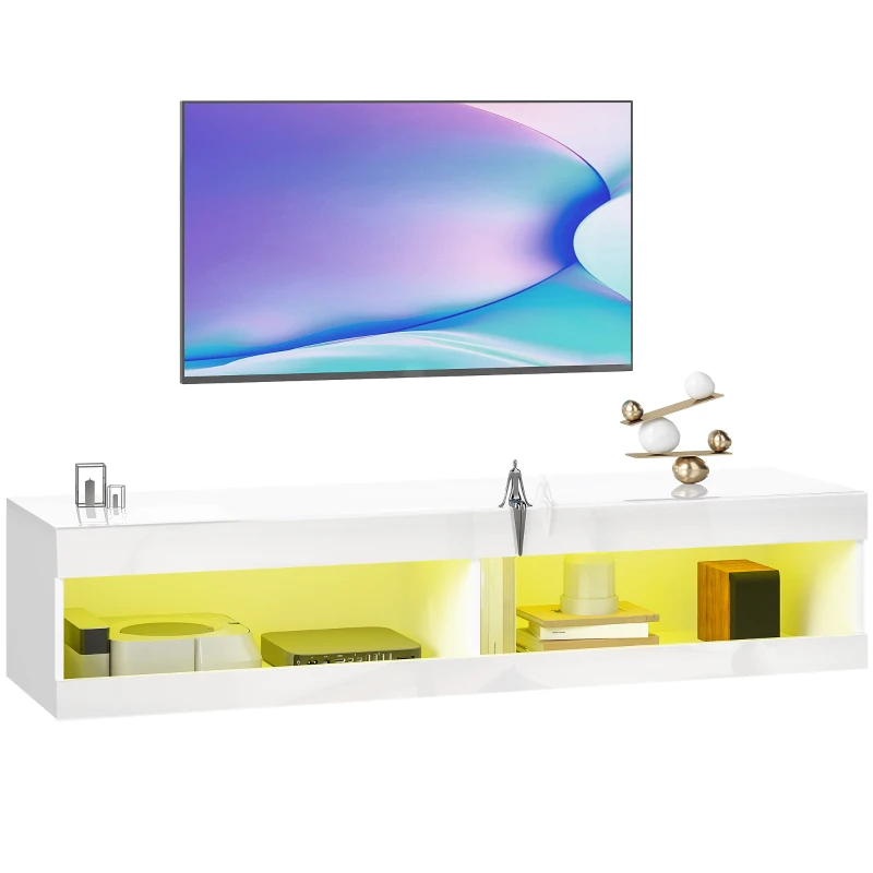 HOMCOM TV-kast, Hangend TV-lowboard met RGB LED-verlichting in 16 kleuren, TV-staander met open opbergruimte, voor 55-60 inch tv's, voor woonkamer, slaapkamer, 140 x 40 x 30 cm, Hoogglans wit