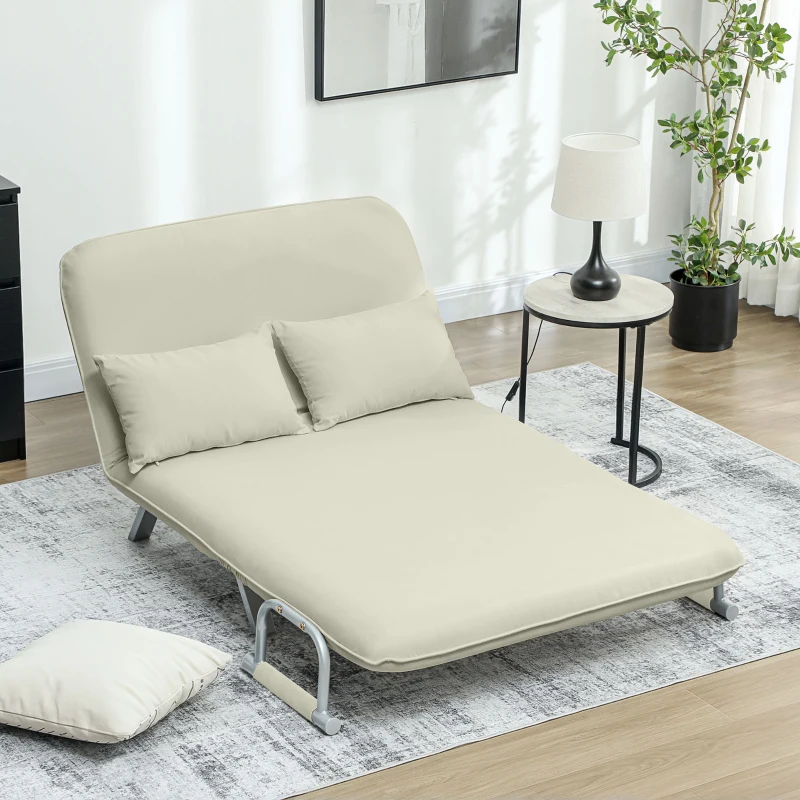HOMCOM Sofá Cama de 2 Lugares Estofado em Camurça Sintética com Encosto Ajustável em 5 Níveis e 2 Almofadas 111x80x78 cm Bege