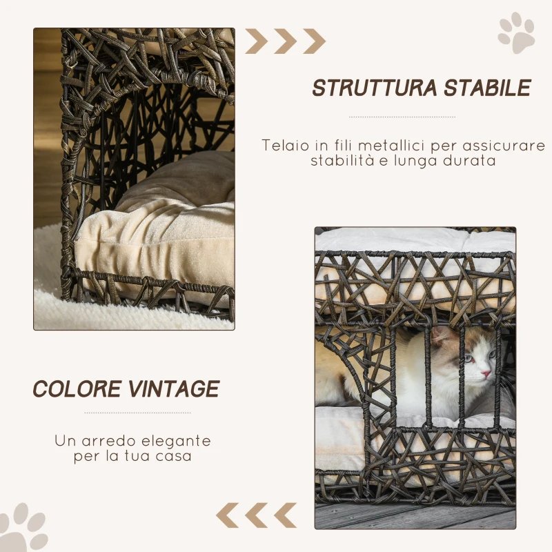 PawHut Cuccia per Gatti a 2 Livelli con 2 Cuscini, Lettino per Gatti Adulti fino 5kg in Vimini Sintetico, 56x41x45cm, Marrone Scuro