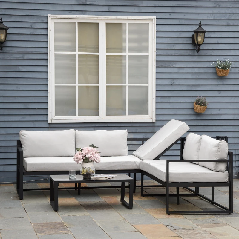 Outsunny Conjunto de Móveis de Jardim 3 Peças de Alumínio com Mesa de Vidro Sofá de 2 Lugares e Sofá de 3 Lugares com Encosto Ajustável e Almofadas Removíveis 212x70x64cm Preto e Cinza