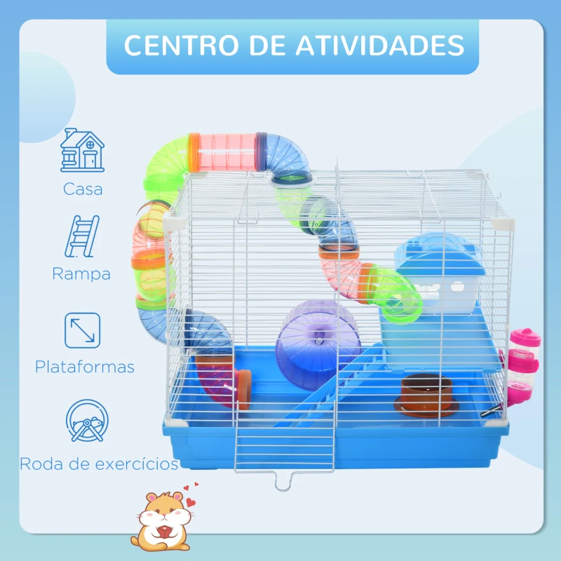 PawHut Gaiola para Hamster, Casa para Hamster com Túnel, Comedouro, Bebedouro, Casinha, Rampa, Roda de Exercício, Plataforma e Alça, Bandeja Removível, para Ratos e Gerbos, 46x30x37 cm, Azul