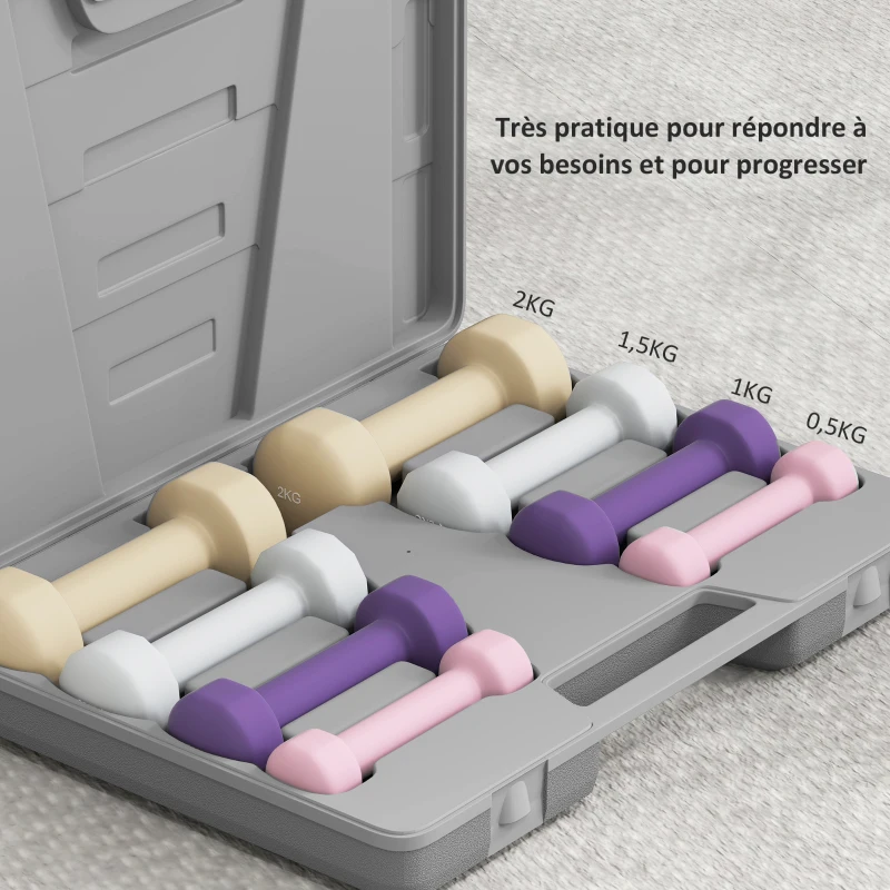 HOMCOM Ensemble d'haltères total 10 Kg - paires de 0,5/1/1,5/2 Kg avec mallette - entraînement musculaire - métal PU multicolore