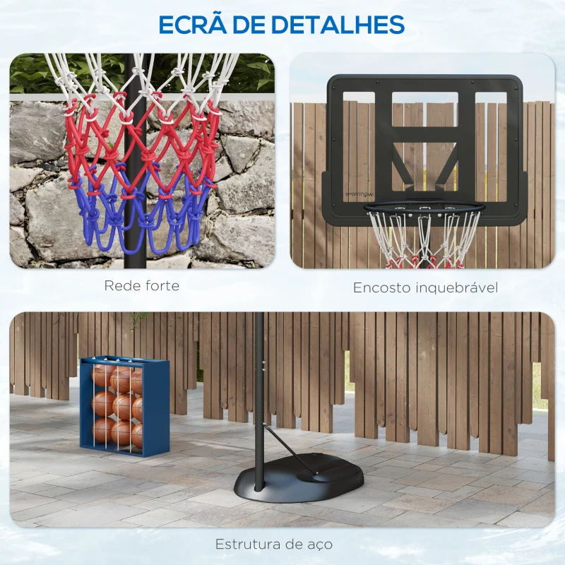SPORTNOW Tabela de Basquetebol com Altura Ajustável 216-277 cm Aro de Basquetebol para Exterior com Rodas e Base Recarregável Preto