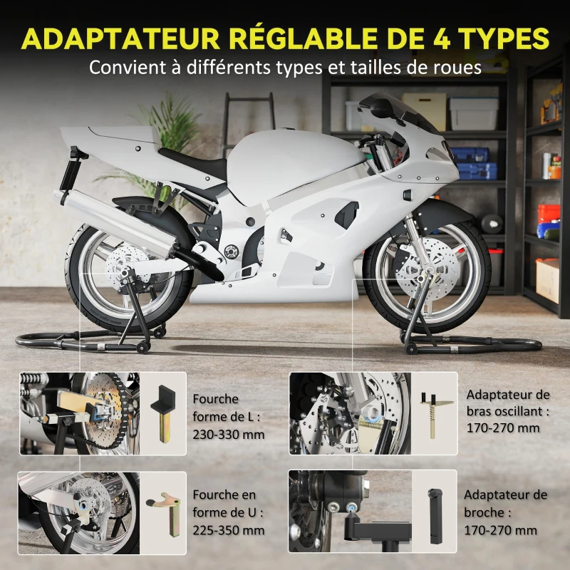 HOMCOM Béquille roue avant arrière charge 390 kg béquille d'atelier moto bras réglable en acier, fourche en forme de U + L noir